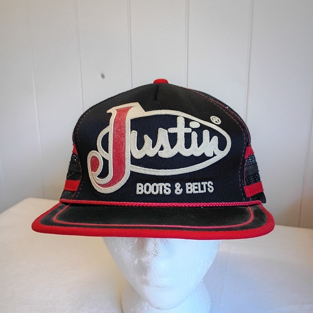 VTG 3 Stripe Trucker Hat Justin Boot Company Cowboy Sharp SnapBack Cap 80s Rodeo